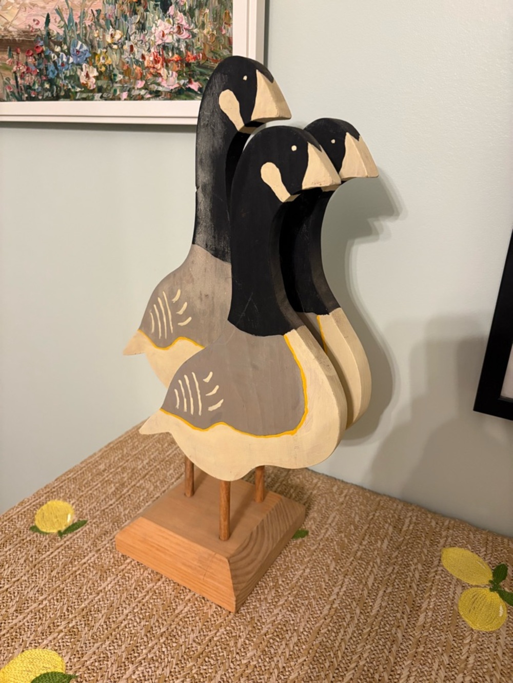 Vintage Hand-Painted Wooden Canada Goose Decoys - Set of 3 with Base Rustic